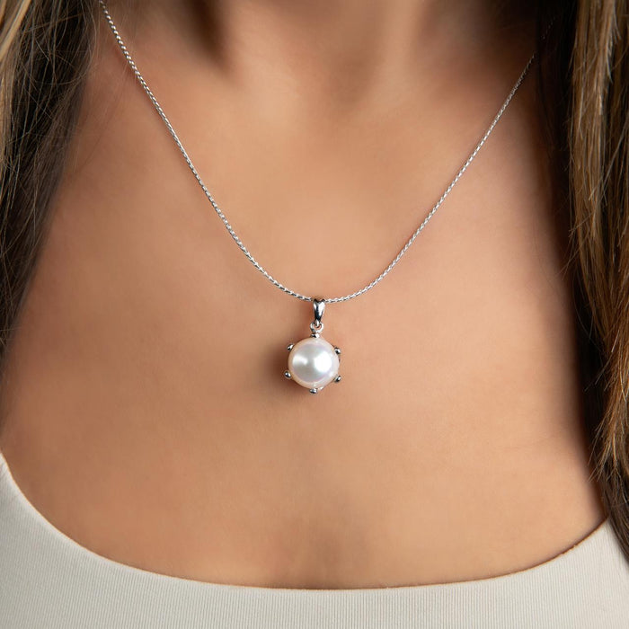 12mm Round Freshwater Pearl Prong Basket Pendant in Sterling Silver Rhodium - 20mm Long