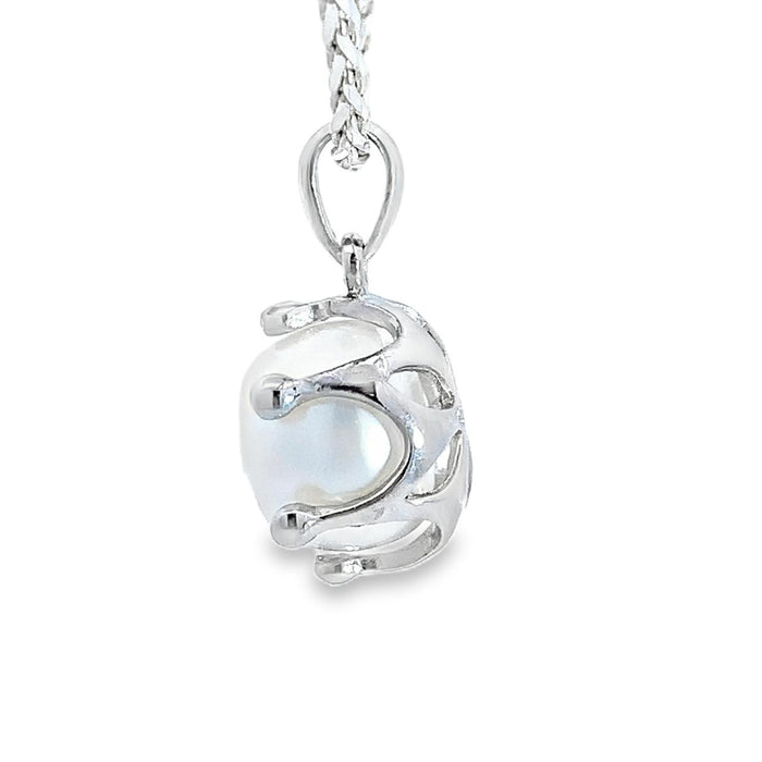 Photo of a White pearl Pendant necklace on white background Side view