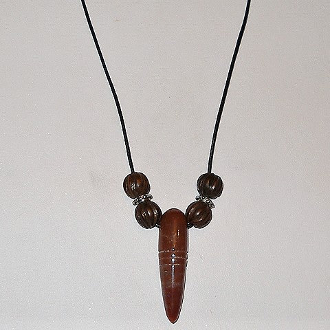 Necklace with a brown pendant and beads on a white background