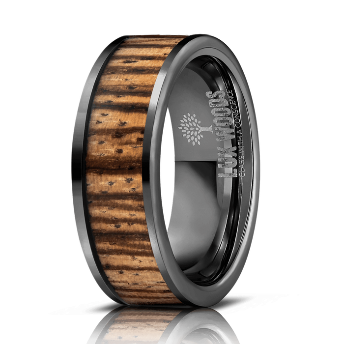 "Apollo" Gunmetal Tungsten Zebrawood Inlay Ring-Rings By Lux