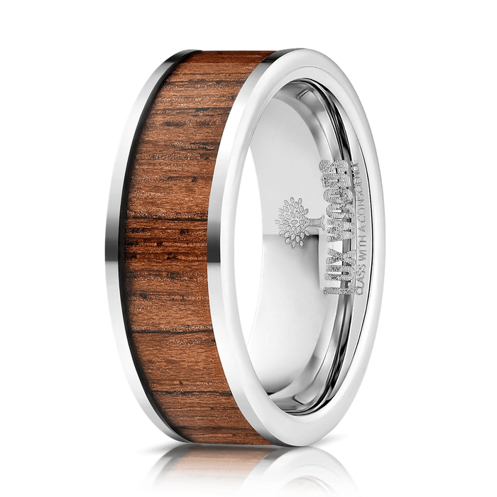 "Apollo" Silver Tungsten Sapele Wood Inlay Ring-Rings By Lux