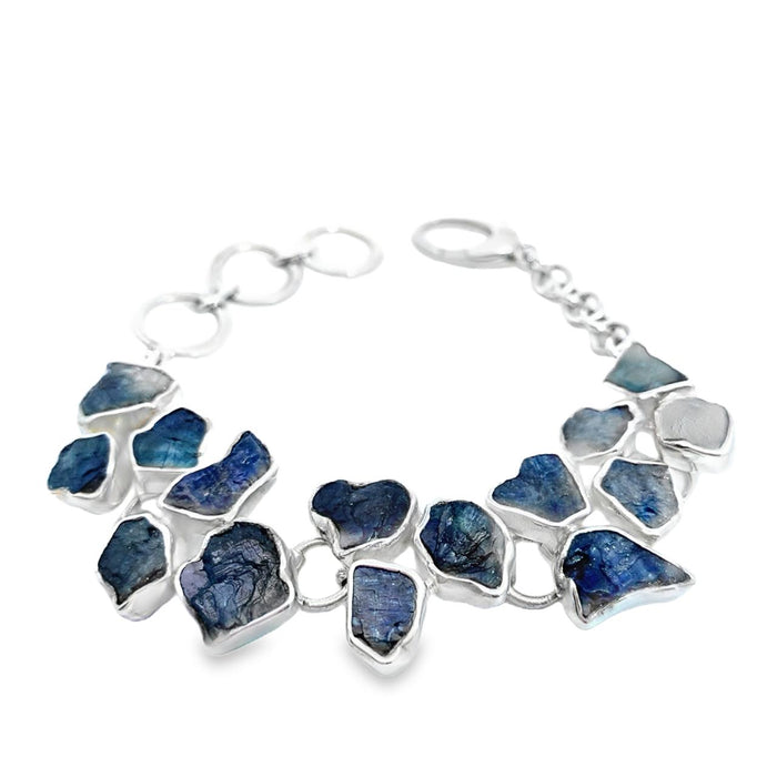 Artisan Gabriel Peña 950 Sterling Silver Bracelet with Natural Raw Blue Sapphire - Adjustable 7-8”