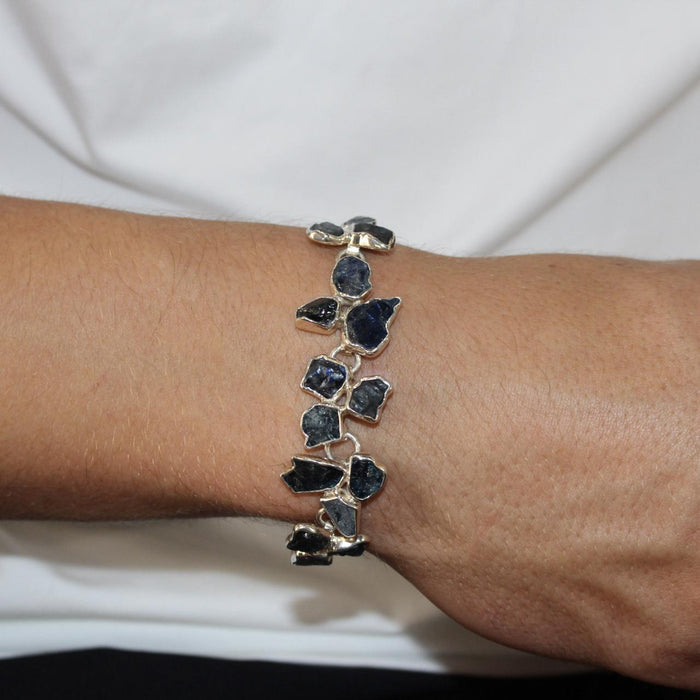 Artisan Gabriel Peña 950 Sterling Silver Bracelet with Natural Raw Blue Sapphire - Adjustable 7-8”