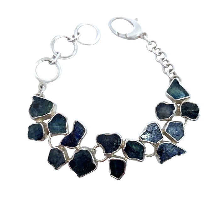 Artisan Gabriel Peña 950 Sterling Silver Bracelet with Natural Raw Blue Sapphire - Adjustable 7-8”