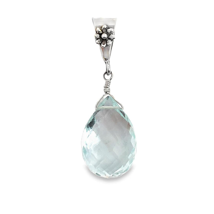a sterling silver pendant featuring an aquamarine briolette pendant with a floral inspired bail on a white background front view