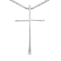 photo of a silver slender long cross pendant on a white background