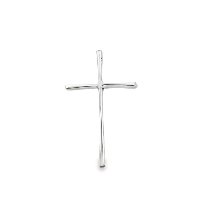 photo of a silver slender long cross pendant on a white background
