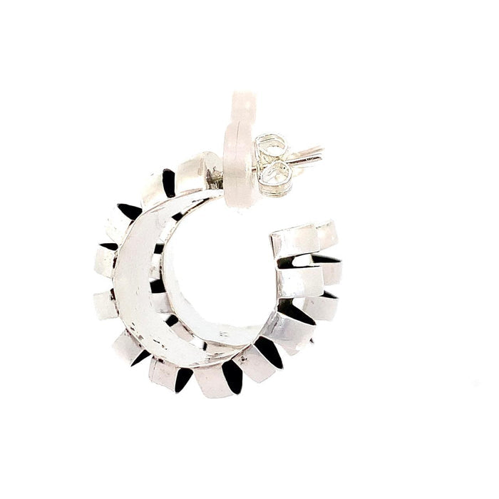 Taxco artisan sterling silver domed hoop earrings with oxidized stripe design handcrafted Mexican jewelry side view