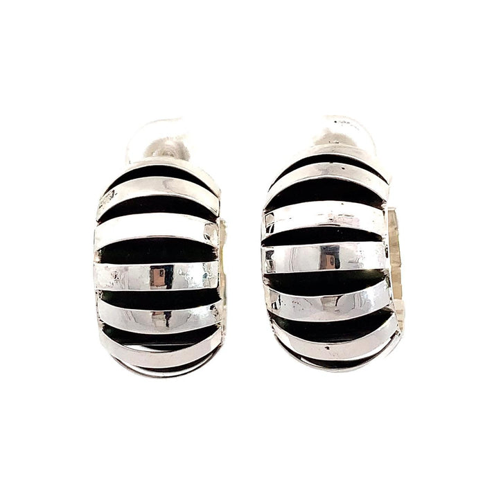 Taxco artisan sterling silver domed hoop earrings with oxidized stripe design handcrafted Mexican jewelry