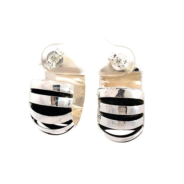 Taxco artisan sterling silver domed hoop earrings with oxidized stripe design handcrafted Mexican jewelry rear view