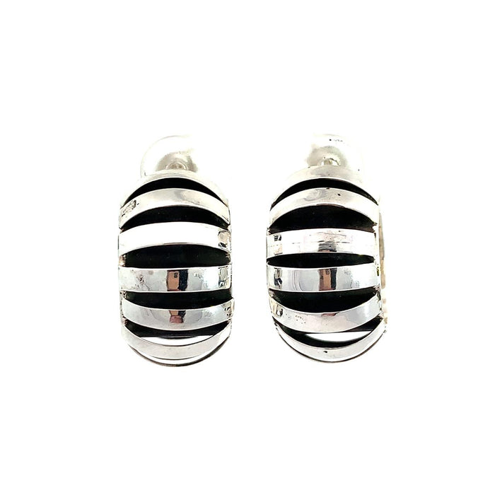 Taxco artisan sterling silver domed hoop earrings with oxidized stripe design handcrafted Mexican jewelry