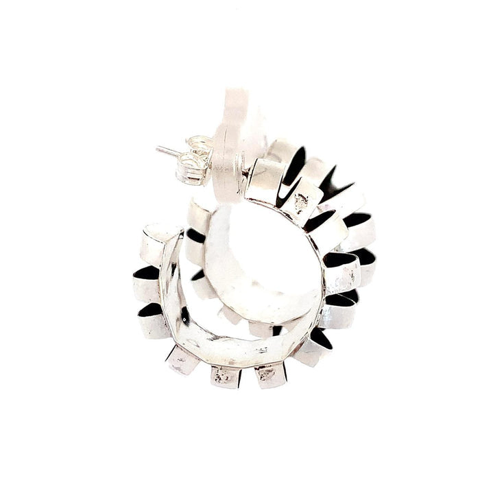 Taxco artisan sterling silver domed hoop earrings with oxidized stripe design handcrafted Mexican jewelry side view