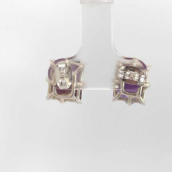 photo of a pair of silver amethyst earrings on a white background rear view