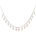 photo of a silver chain strung with dangling white freshwater pearls on a white background