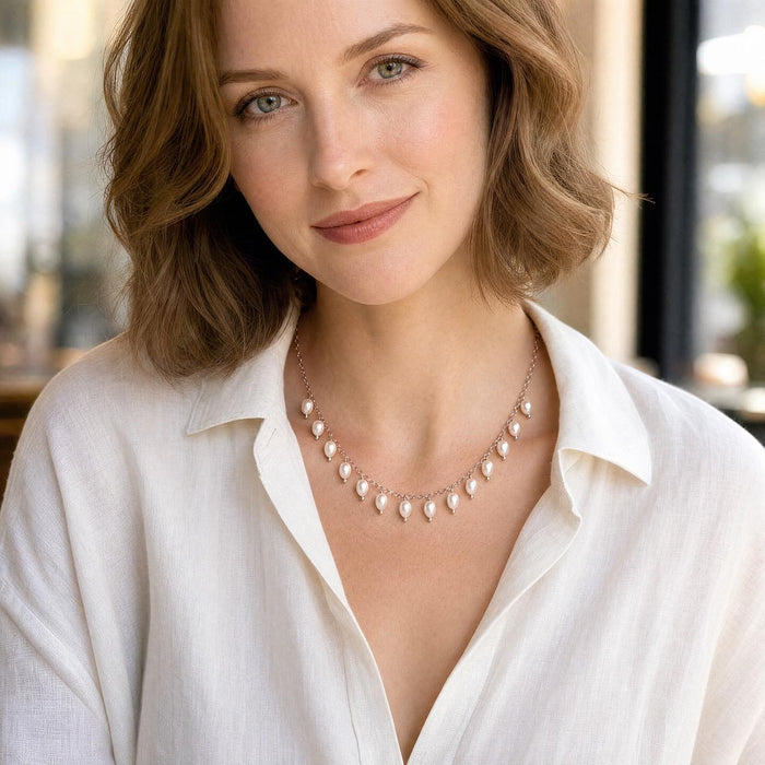Artisan Made White Pearl Fringe Necklace-14 White Freshwater Dangling Pearls on Chain