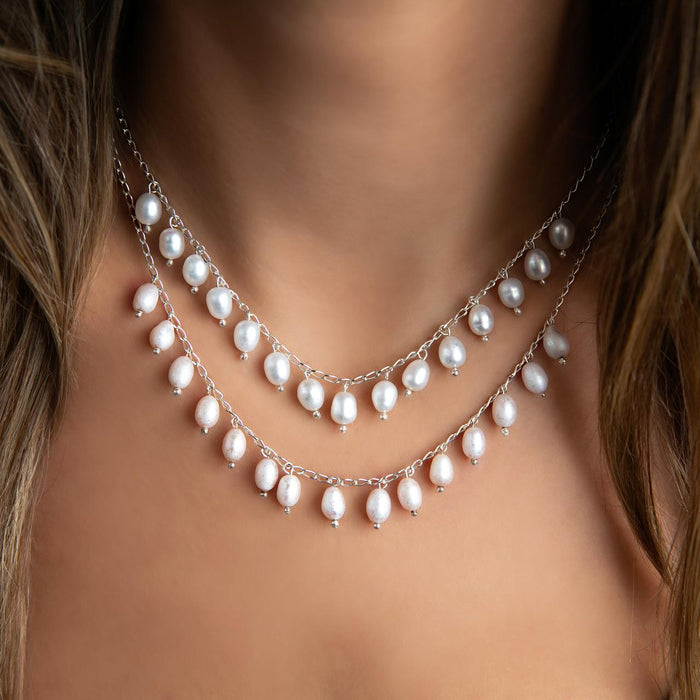 Artisan Made White Pearl Fringe Necklace-14 White Freshwater Dangling Pearls on Chain