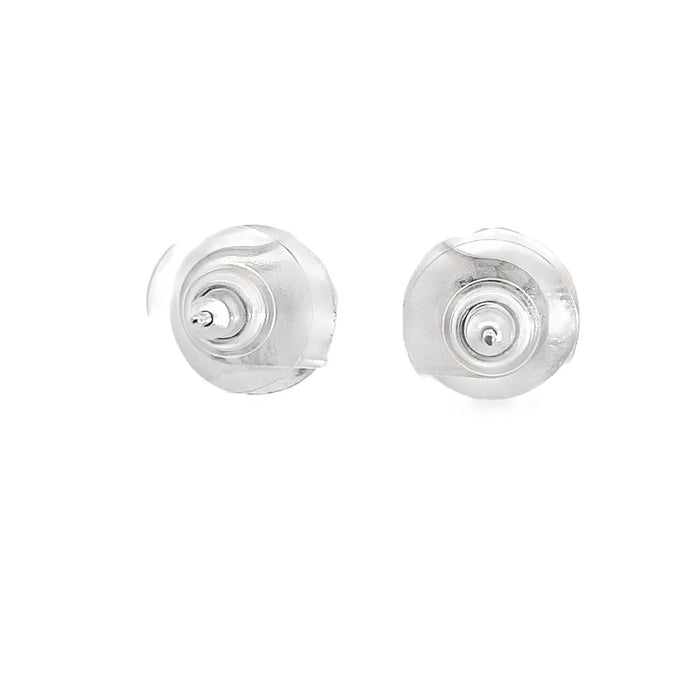 photo of a pair of black and silver circle shaped stud earrings on a white background rear view