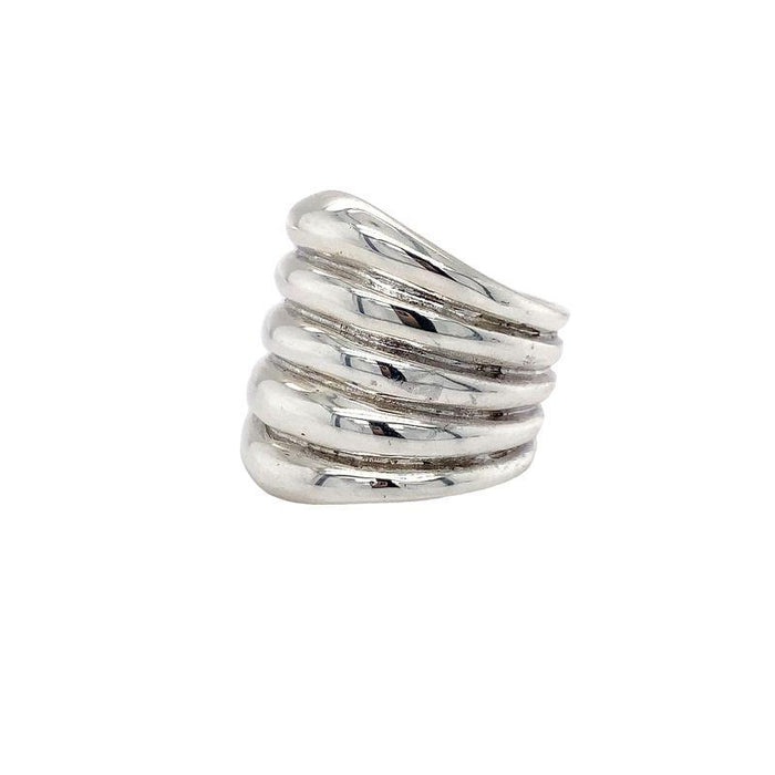 Sterling Silver Ring-Artisan Made  Tapering Wide Ribbed Design on white background side view