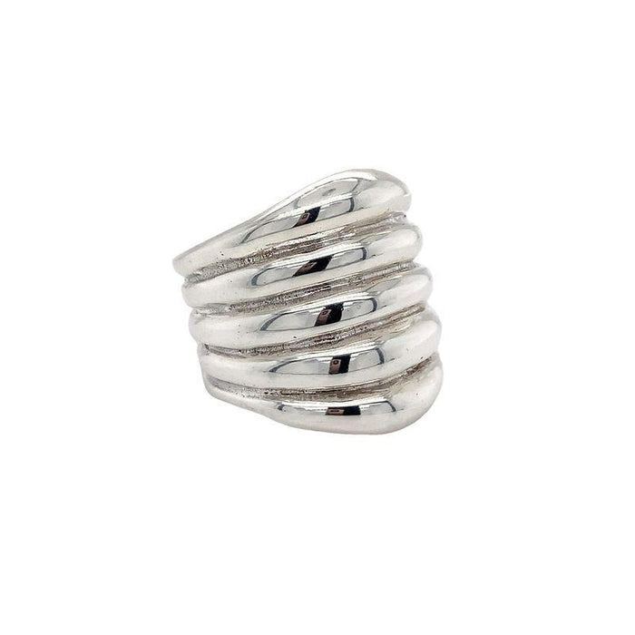 Sterling Silver Ring-Artisan Made  Tapering Wide Ribbed Design on white background side view