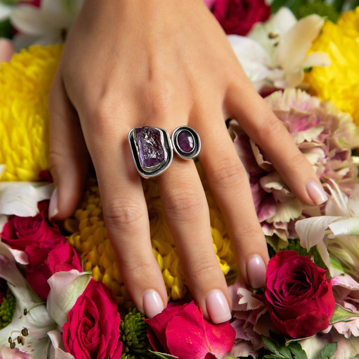 Artisan Sterling Silver Double Amethyst Ring-Raw & Smooth Gems With Black Oxidation Bezels