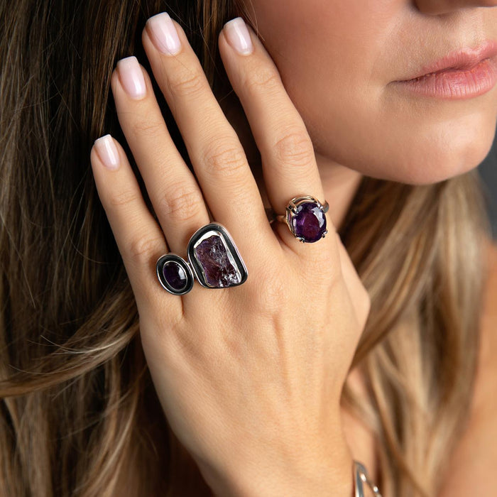 Artisan Sterling Silver Double Amethyst Ring-Raw & Smooth Gems With Black Oxidation Bezels