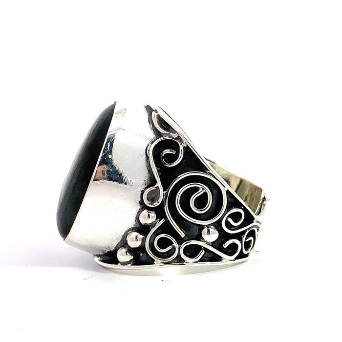 Artisan Sterling Silver Oval Labradorite Statement Ring – Baroque Scrollwork – Taxco Made – Adjustable