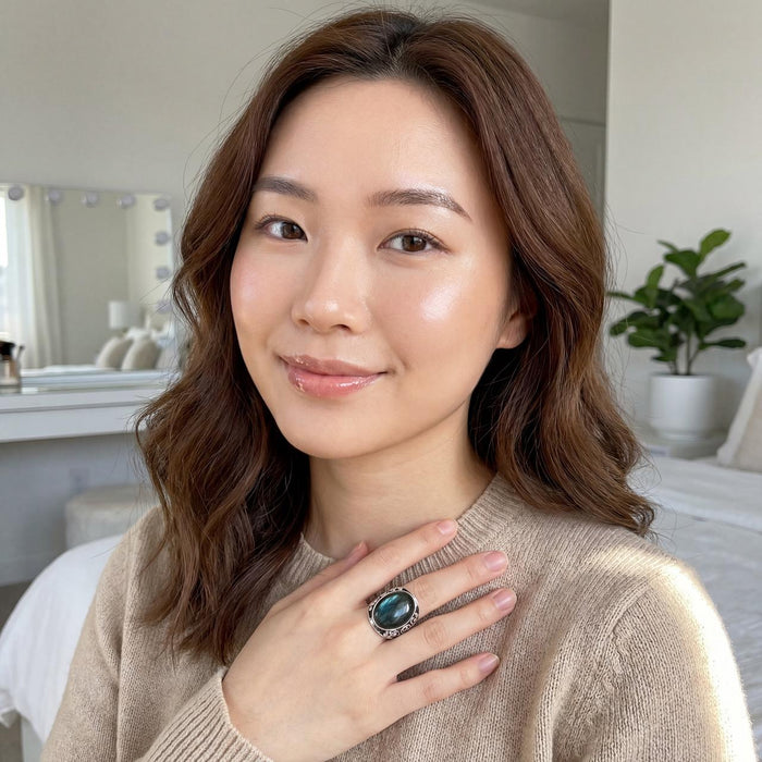 Artisan Sterling Silver Oval Labradorite Statement Ring – Baroque Scrollwork – Taxco Made – Adjustable