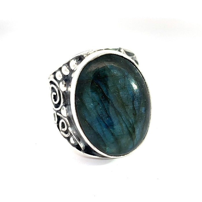 Artisan Sterling Silver Oval Labradorite Statement Ring – Baroque Scrollwork – Taxco Made – Adjustable