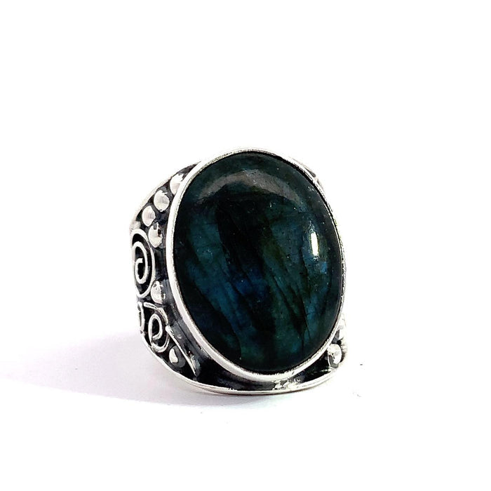 Artisan Sterling Silver Oval Labradorite Statement Ring – Baroque Scrollwork – Taxco Made – Adjustable