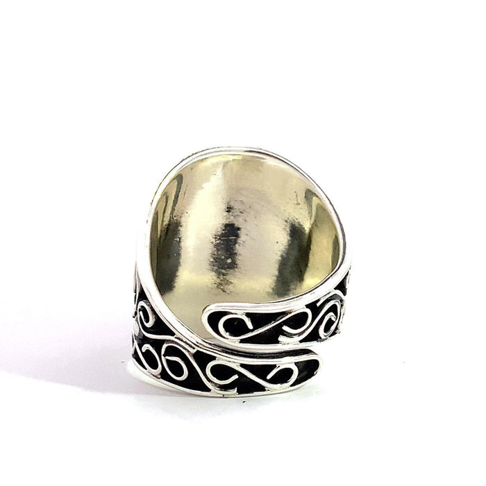 Artisan Sterling Silver Oval Labradorite Statement Ring – Baroque Scrollwork – Taxco Made – Adjustable