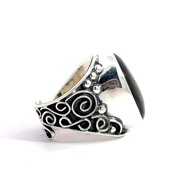 Artisan Sterling Silver Oval Labradorite Statement Ring – Baroque Scrollwork – Taxco Made – Adjustable