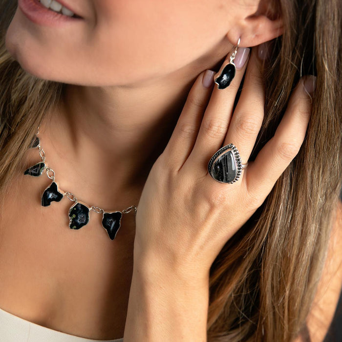 Artisan Taxco Sterling Silver Adjustable Ring with Black & White Tourmalated Quartz, Size 7
