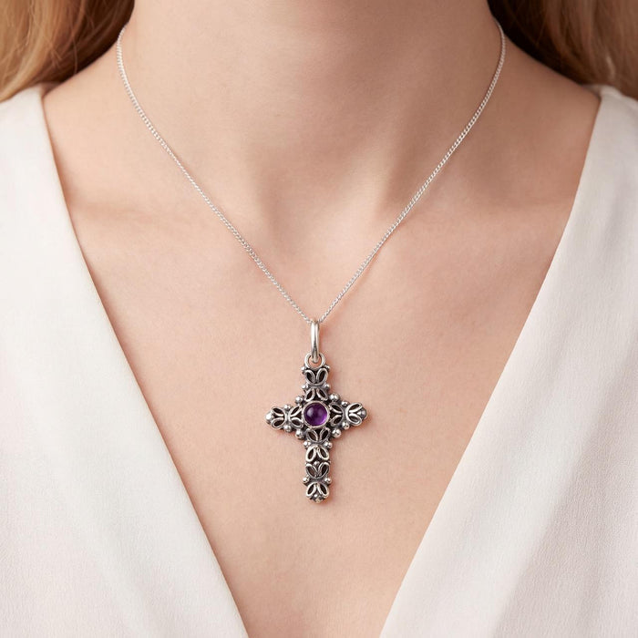 Artisan Taxco Sterling Silver Cross Pendant with Amethyst Cabochon