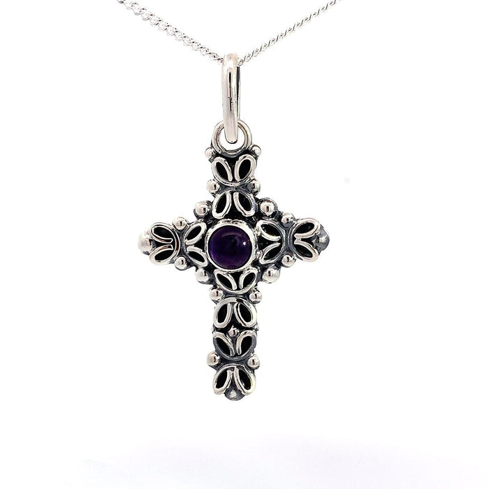 Artisan Taxco Sterling Silver Cross Pendant with Amethyst Cabochon