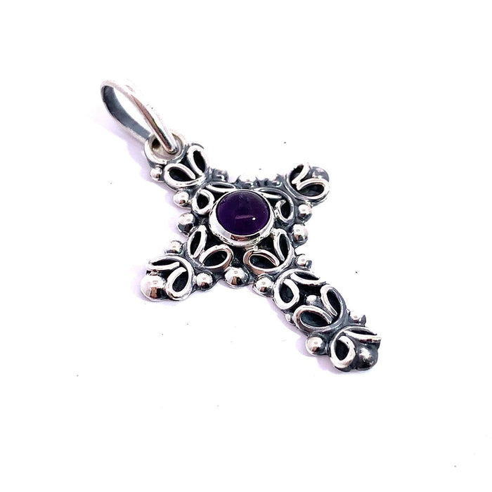 Artisan Taxco Sterling Silver Cross Pendant with Amethyst Cabochon