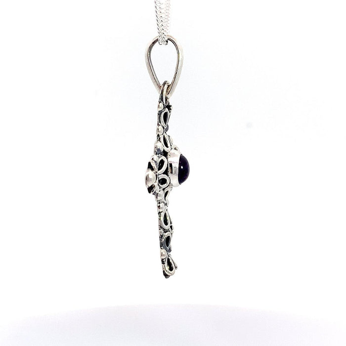 Artisan Taxco Sterling Silver Cross Pendant with Amethyst Cabochon