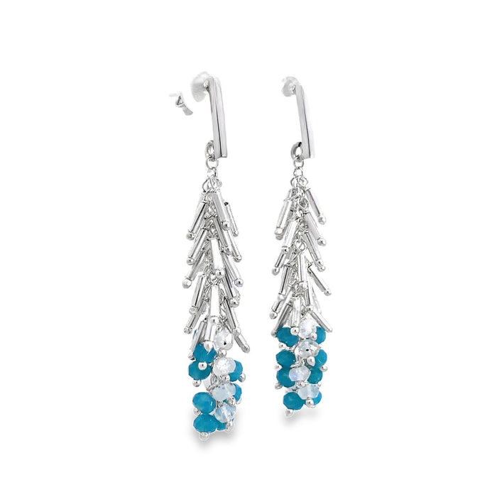 photo of a silver fringe styled earring with blue and white beads on a white background