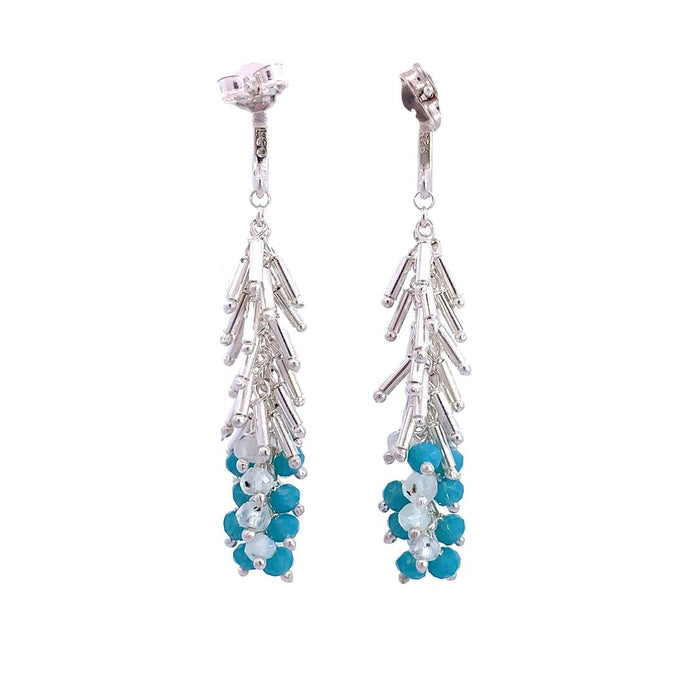 photo of a silver fringe styled earring with blue and white beads on a white background rear view