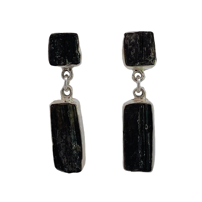 photo of a two gem raw black tourmaline dangle earring on a white background