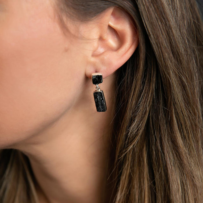 Artisan Two-Part Black Tourmaline Earrings - 1.25 Inch Long Handmade Posts from Taxco