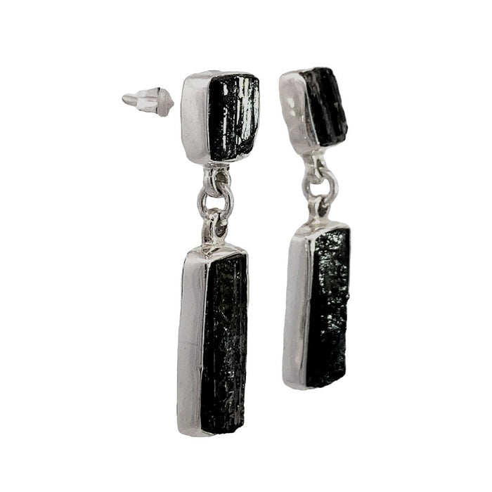 photo of a two gem raw black tourmaline dangle earring on a white background