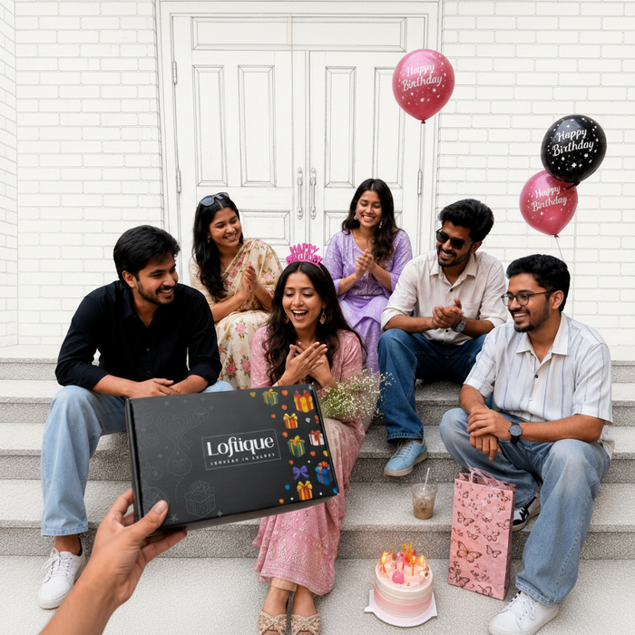 Group of people sitting on stairs with a Lofthouse chocolate box