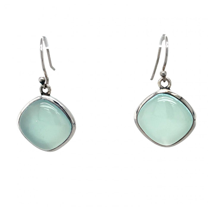 photo of a square blue Chalcedon silver dangle earring on a white background