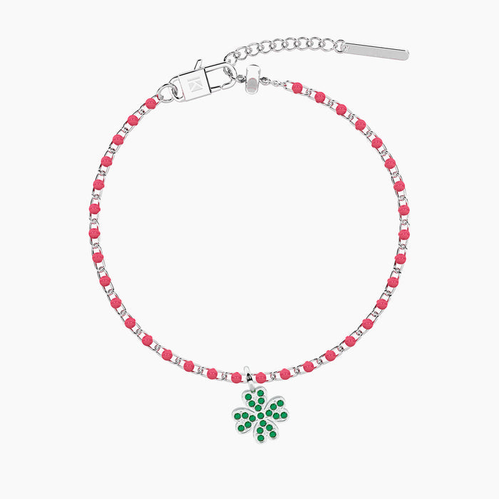 Bracciale componibile POP CORN rosa e ciondolo QUADRIFOGLIO