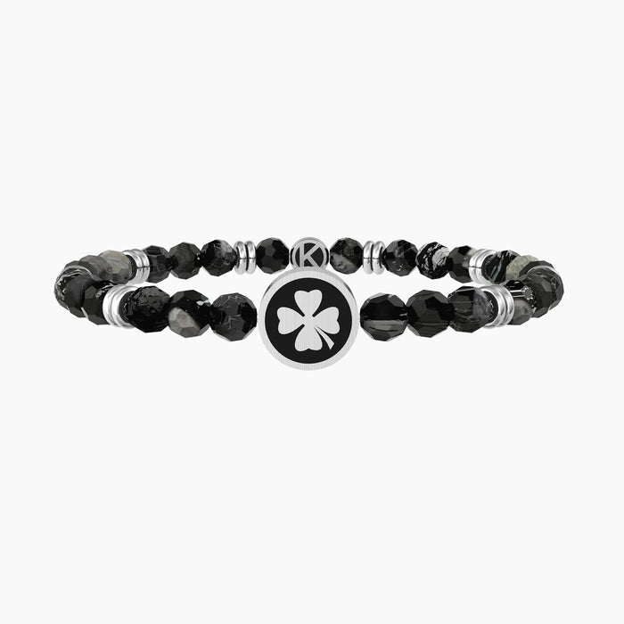 Bracciale elastico uomo con agata nera e quadrifoglio