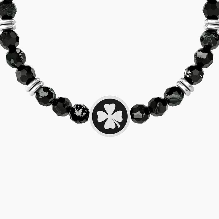 Bracciale elastico uomo con agata nera e quadrifoglio
