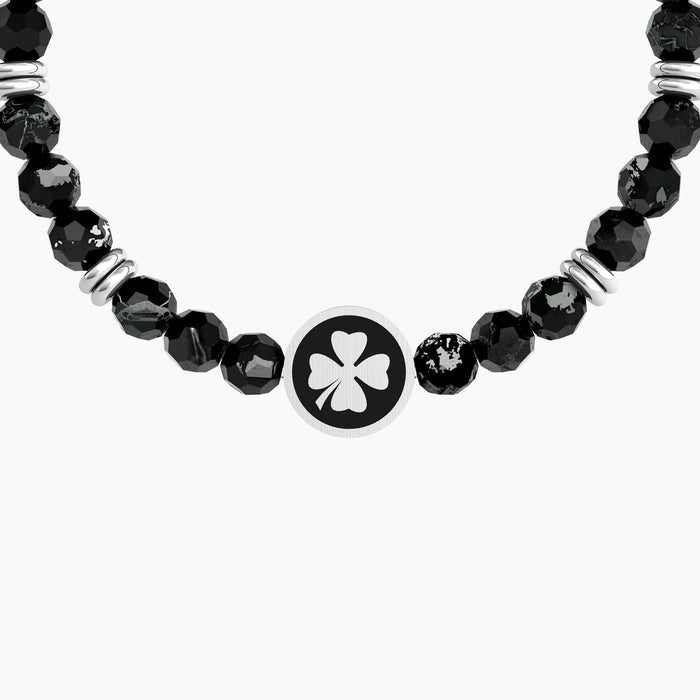 Bracciale elastico uomo con agata nera e quadrifoglio