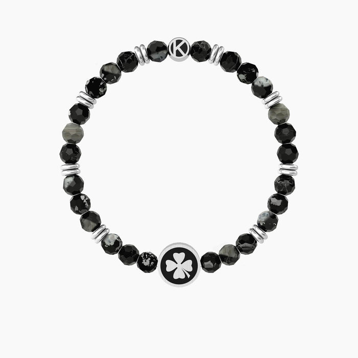 Bracciale elastico uomo con agata nera e quadrifoglio