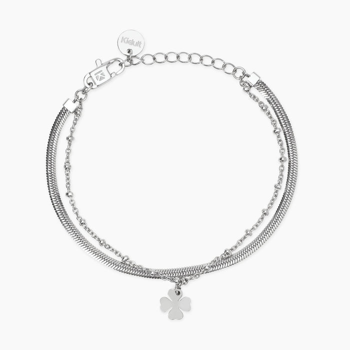 Bracciale catene e ciondolo quadrifoglio in acciaio argentato
