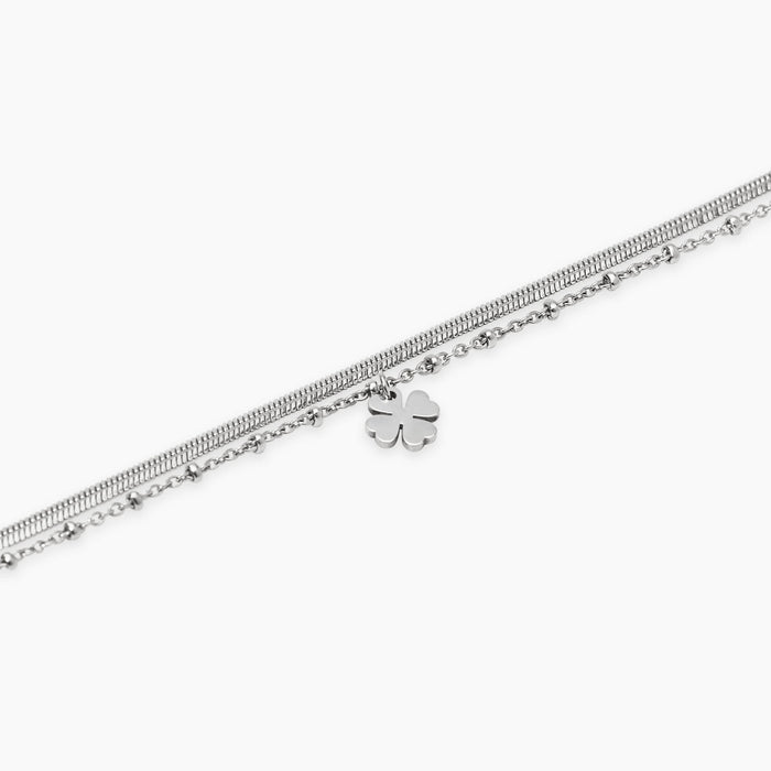 Bracciale catene e ciondolo quadrifoglio in acciaio argentato